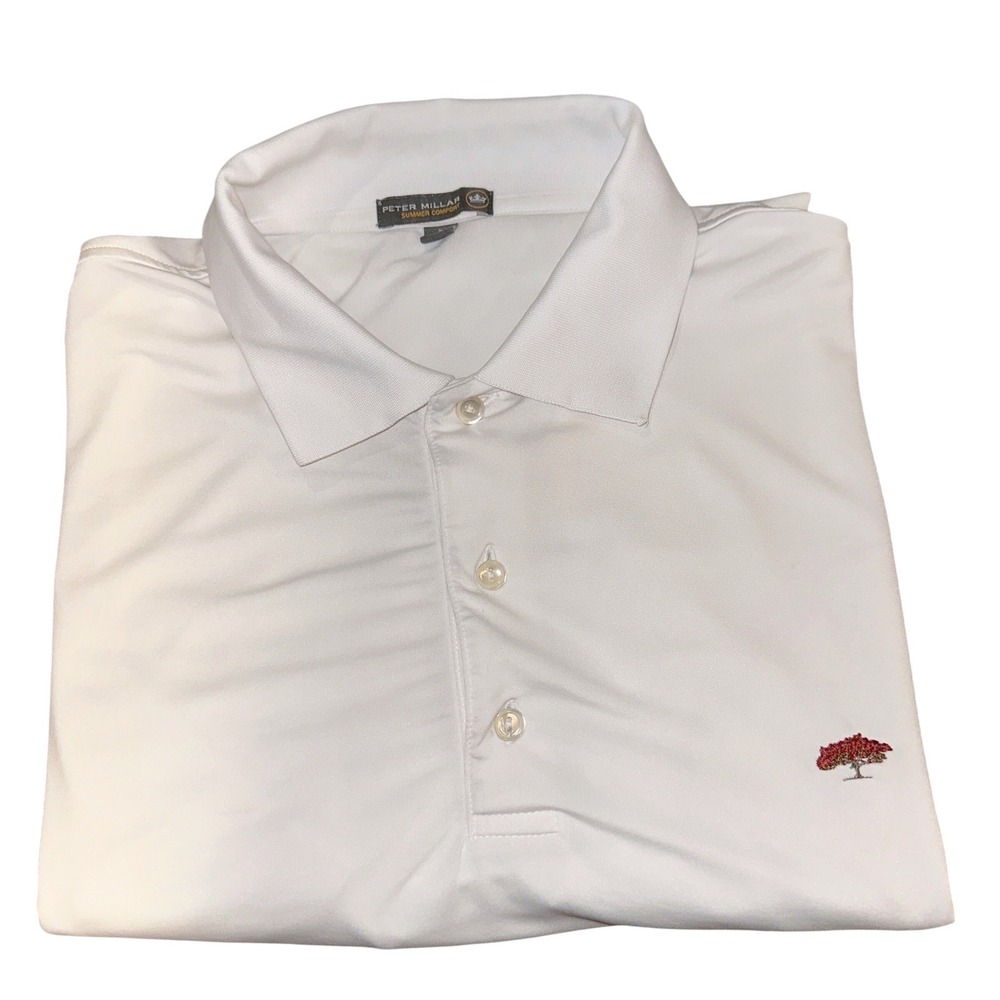 Peter Millar Mens L Polo Shirt Summer Comfort White Golf Red‎ Tree Logo